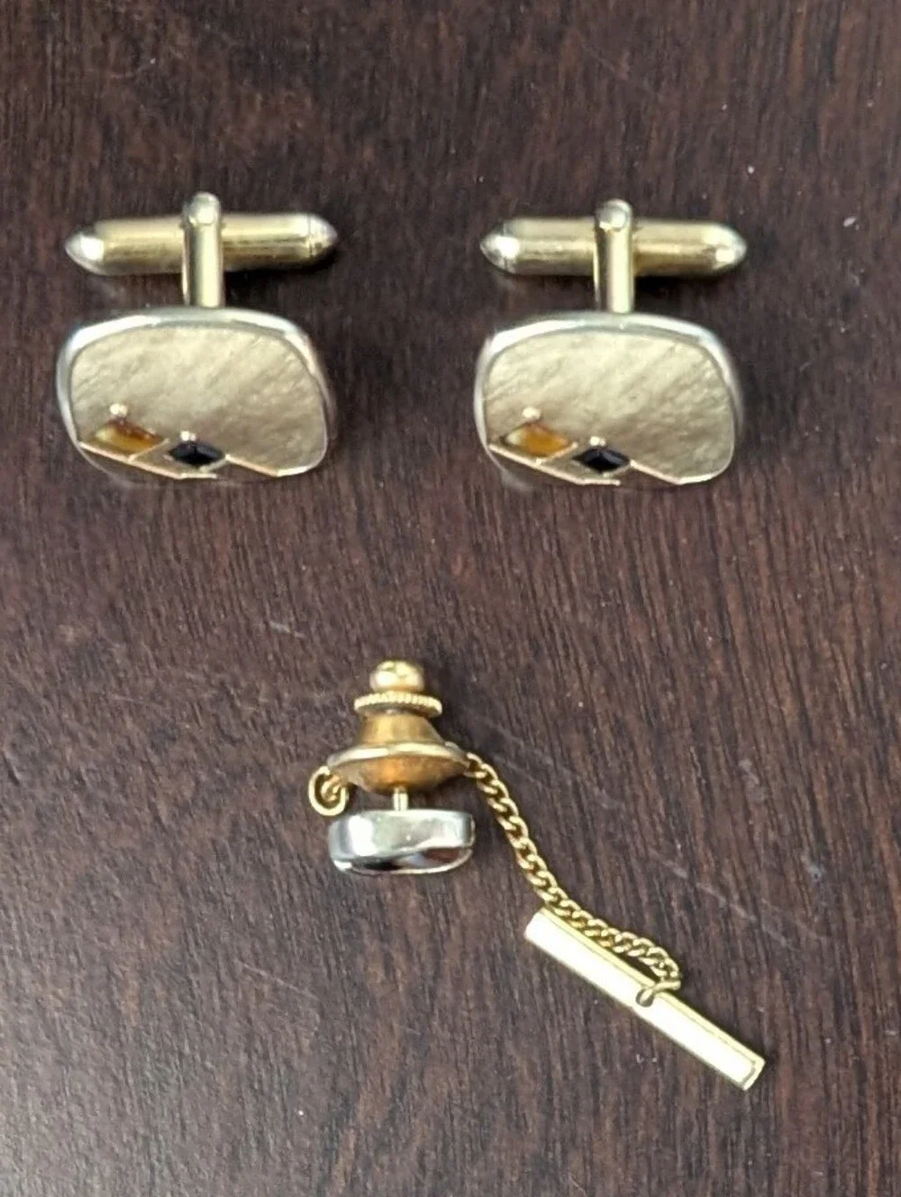 Vintage SWANK Geometric Gold-Tone Cufflinks and Tie Tack Black and Amber MCM